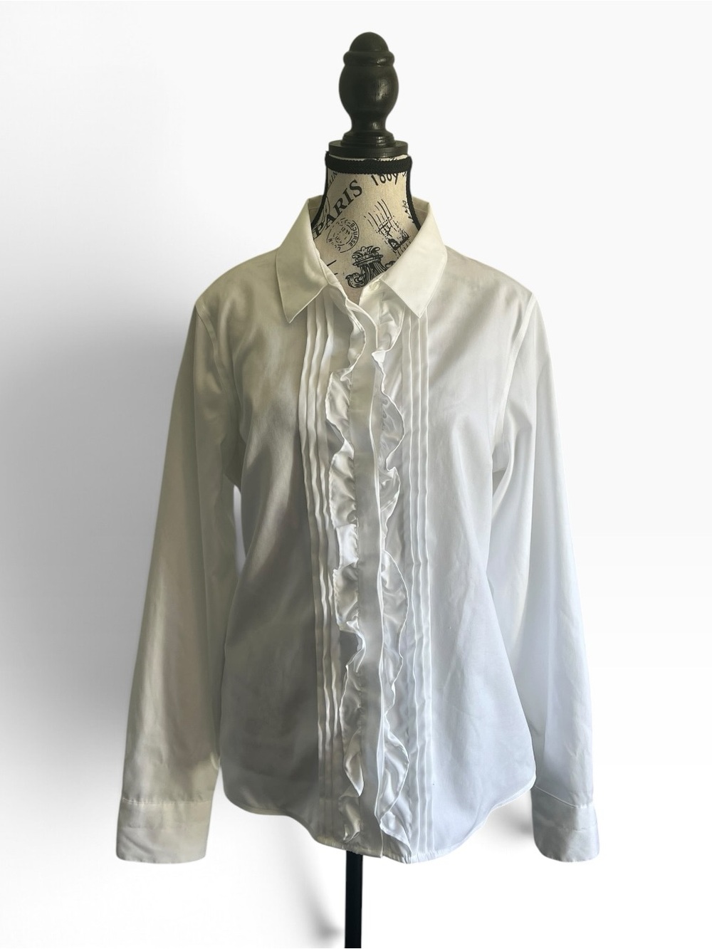 Tommy Hilfiger White Crisp Ruffle Front Cotton Pleated Button Up Blouse Tuxedo